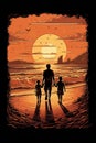 Father day concept. Poster of father with children going to beach at sunset. Royalty Free Stock Photo