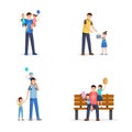 Father day flat vector illustrations set. Young men, single dads spend time with little children, sons and daughters