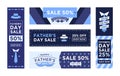 Father day offer banner. Happy fathers day sale badge, holiday shopping discount on gifts for dad vector template set