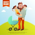 Father Day vector concept. Illustration with happy family. Hipster man and his children.