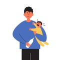 Father depression vector illustration with sad dad holding crying son on hands and bottle feeding newborn baby