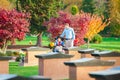 Father and disabled son in wheelchair visiting gravesite in cem