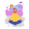 Father doing yoga and meditating visiting in a lotus pose with a cute naughty baby on his head. Illustration in vector