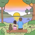 Father doughter and dog sitting while looking at sunset illustration