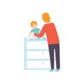 Father Dressing His Toddler Baby on Changing Table, Parent Taking Care of His Child Vector Illustration