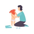 Father Dressing His Toddler Baby, Parent Taking Care of His Child Vector Illustration