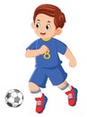 a father is exercising playing soccer wearing a blue uniform shirt