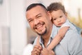 Father, family portrait and piggy back fun outdoor with a smile from dad and young boy with fun. Child, papa and relax Royalty Free Stock Photo