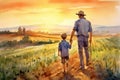 Father farmer with son in front of a sunset agricultural landscape, Man and a boy standing on a farm road . Fatherhood concept. Royalty Free Stock Photo