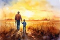 Father farmer with son in front of a sunset agricultural landscape, Man and a boy standing on a farm road . Fatherhood concept. Royalty Free Stock Photo