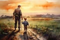 Father farmer with son in front of a sunset agricultural landscape, Man and a boy standing on a farm road . Fatherhood concept. Royalty Free Stock Photo