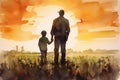 Father farmer with son in front of a sunset agricultural landscape, Man and a boy standing on a farm road . Fatherhood concept. Royalty Free Stock Photo