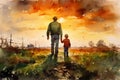 Father farmer with son in front of a sunset agricultural landscape, Man and a boy standing on a farm road . Fatherhood concept. Royalty Free Stock Photo