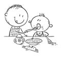 Father feeding baby, outline cartoon vector illustration