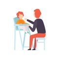 Father Feeding Baby Who is Sitting in Highchair, Parent Taking Care of His Child Vector Illustration