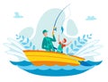 Father Fishing with Son on Boat Vector Concept