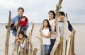 Father with five children by lake Royalty Free Stock Photo