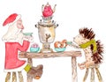 Father Frost drinks tea from samovar with hedgehog