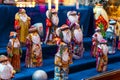 Father Frost (Russian Ded Moroz) figurines display in shop window before christmas season