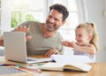 Father, girl child and e learning on laptop studying together on video conference or internet video call at house