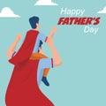 Father giving son ride on back wearing red cape