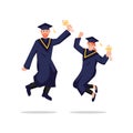 Father giving son ride on back wearing red capeGuy and girl university graduates joyfully bounce. Vector illustration