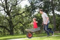 Father Giving Son Ride In Wheelbarrow