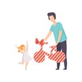 Father giving wrapped bicycle with red ribbon bow to her little daughter, people celebrating holiday concept vector