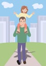 Father going out to walk with daughter on shoulders