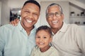 Father, grandfather and boy in family portrait at house or Brazilian home living room in trust, love and support. Smile