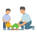 Father guide children care plant watering vegetable crops white isolated background with flat color style