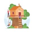 Father with Hammer Build Treehouse for Happy Kids. Family Spend Time all Together. Joyful Children Characters Playing