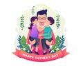 Father happily holds his children. Son and daughter hug and kiss their happy father`s cheeks from both sides