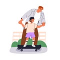 Father helping kid on skateboard. Dad teaching happy son child ride skate board, holding hands for support. Active