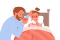 Father helping of sick daughter, boy lying in bed vector illustration. Cartoon dad character holding mug of hot drink Royalty Free Stock Photo