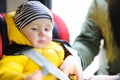 Father helps his toddler son to fasten belt on car seat Royalty Free Stock Photo
