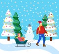 Father Rides Child on Sleigh, Snowy Winter Forest Royalty Free Stock Photo