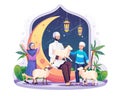 A father and his children are celebrating the night of Eid al-Adha with the sheep. a Muslim sitting on the crescent moon