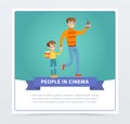 Father and his son in 3d glasses with popcorn going to the movie, people in cinema banner flat vector elements for