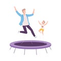 Father and his Son Jumping on Trampoline, Parent and Kid Having Fun Together, Active Healthy Lifestyle Flat Style Vector Royalty Free Stock Photo