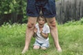 Father and his son playing and hugging in outdoors. Concept of Father`s day. Royalty Free Stock Photo