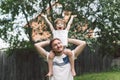 Father and his son playing and hugging in outdoors. Concept of Father`s day. Royalty Free Stock Photo