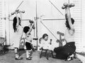 Father and his three children having a workout with dumbbells Royalty Free Stock Photo