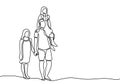 Father and his two children of daughter continuous one line drawing. Dad holding daughter and small girl is sitting on his Royalty Free Stock Photo