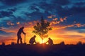 A father and his two children planting a tree at sunset