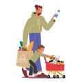 Father And His Young Son Characters Navigate The Supermarket Aisles, Their Shopping Cart Overflowing With Products