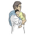 Father holding his newborn baby tenderly vector illustration with black lines isolated on white background. Love concept Royalty Free Stock Photo