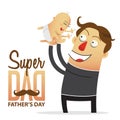 Father holding his son. Cartoon character.