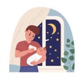 Father holding newborn baby in arms and feeding it from milk bottle. Dad caring about infant. Colored flat cartoon