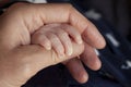 Father holding a newborn baby hand in his. Child hand closeup into parent hands together Royalty Free Stock Photo